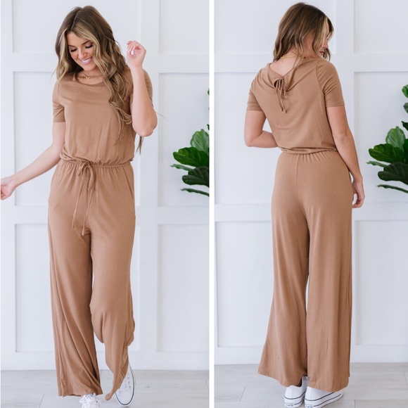 Pants - Solid Brown Short Sleeve Jumpsuit Full Size Run